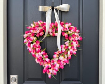 READY TO SHIP, Mother's Day Tulip Heart Wreath, Front Door Wreaths, Spring Decor, Daughter Gift to Mom