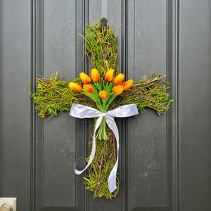 Easter Cross for Front Door, Cross Wreath, Easter Decor, Tulips for Easter, Front Door Wreath Orange