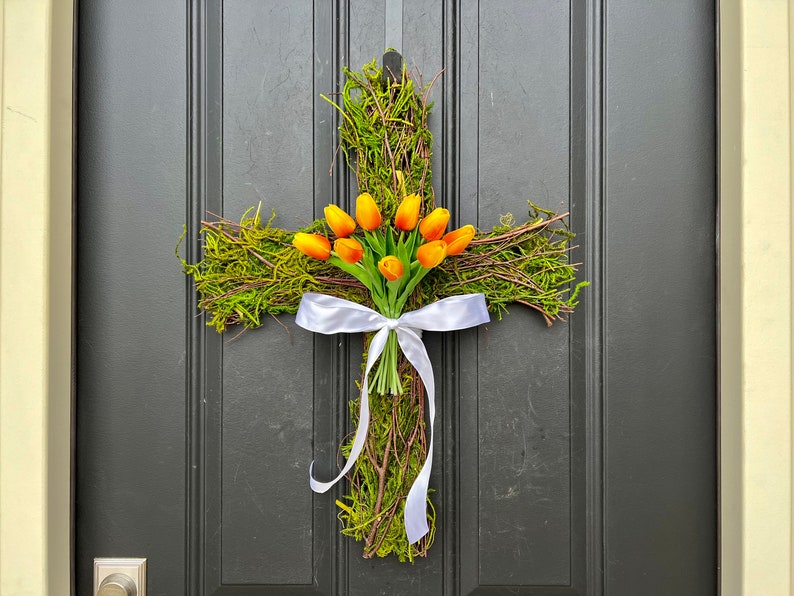 Easter Cross for Front Door, Cross Wreath, Easter Decor, Tulips for Easter, Front Door Wreath Orange