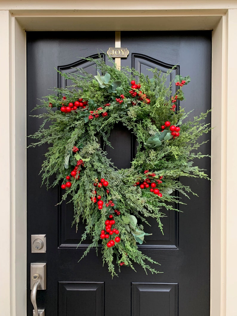 Christmas Wreaths for Front Door, Artificial Holiday Pine Wreath with Red Berries image 1