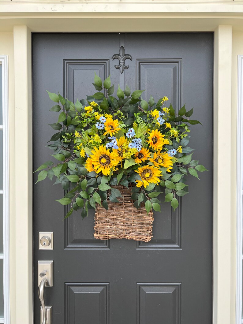 Spring Summer Sunflower Cottage Door Basket Wreath With Forget Me Nots ...