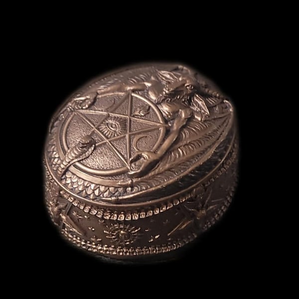 Handmade Baphomet 5 1/4 Inch Oval Shaped Trinket Box Resin Sculpture Bronze Finish