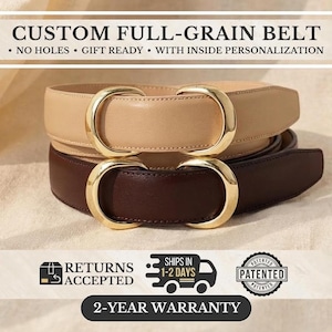 Full Grain Leather Track Belt, Adjustable No Holes, Brass Buckle