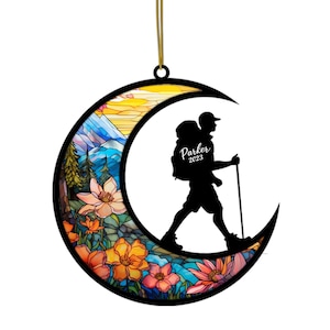 Custom Hiking Ornament, Mountain Moon Design, Personalized Name & Year, Outdoor Adventure Gift, Backpacker Keepsake 2025