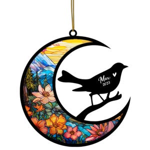Personalized Bird Ornament, Custom Pet Memorial Gift, Songbird Moon Suncatcher, Name Year Decoration, Stained Glass Style Keepsake