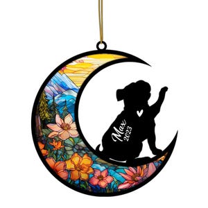 Personalized Pug Ornament: Stained Glass Moon, Custom Pet Memorial