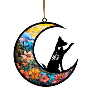 Personalized German Shepherd Ornament, Dog Memorial Gift, Custom Stained Glass Moon Keepsake with Name Year, Pet Loss Remembrance
