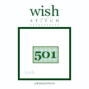 May include: A white background with a dark green border and the text "wish STITCH NEEDLEPOINT". A small rectangle with the number "501" in green and white checkered pattern is in the centre. The word "wish" is in light blue.