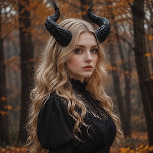 May include: A pair of black, curved, textured horns attached to a thin headband. The horns feature a ridged, organic surface design and are positioned symmetrically on top of the head, extending outward and upward with a pointed, tapered finish.