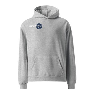 May include: A gray hooded sweatshirt with a navy blue logo that says "SYNERGY" in white letters.