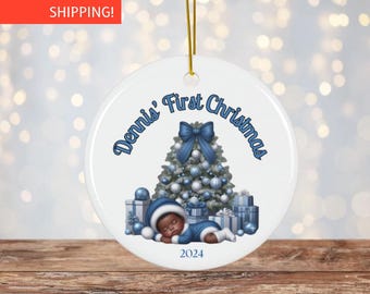 Personalized Baby's First Christmas Ornament, Black Baby Boy, Blue Tree