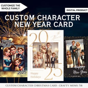 Cartão de Ano Novo com Personagem Personalizado, Família de Desenho Animado Personalizada, Cartão de Ano Novo com Personagem Personalizado para Família, Cartão de Ano Novo Personalizado