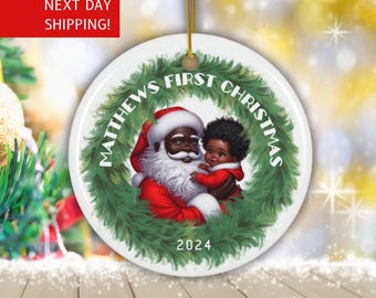 Personalized Baby's First Christmas Ornament, Black Baby Boy Santa
