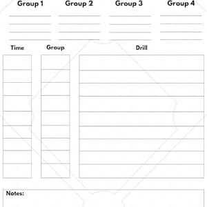 May include: A printable practice agenda for a baseball team. The agenda includes sections for time, group, and drill. There are four groups and space for notes.