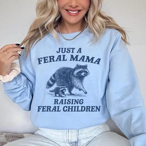 May include: Light blue sweatshirt with the text "Just a Feral Mama Raising Feral Children" and a graphic of a raccoon and a baby raccoon.