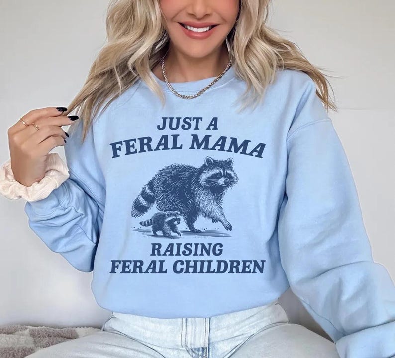 May include: Light blue sweatshirt with the text "Just a Feral Mama Raising Feral Children" and a graphic of a raccoon and a baby raccoon.