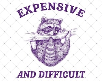 May include: Purple illustration of a raccoon hanging from a branch with the text "Expensive and Difficult" above it and "Buy 2 or more get 40% off" below it.
