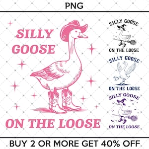 May include: Pink graphic featuring a goose wearing a cowboy hat and boots, with the text "SILLY GOOSE ON THE LOOSE." Additional designs show the goose with a witch hat, roller skates, and a broom. The background is a white diamond pattern.
