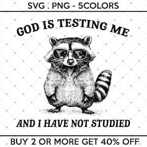 May include: Black and white illustration of a raccoon wearing sunglasses with the text "GOD IS TESTING ME AND I HAVE NOT STUDIED" and "BUY 2 OR MORE GET 40% OFF".