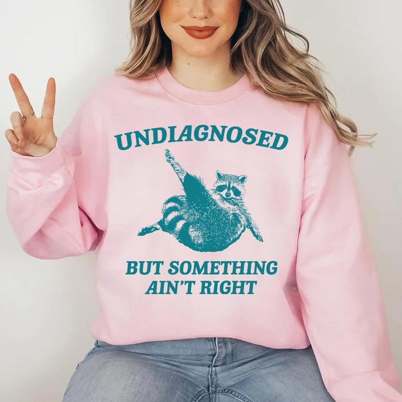 May include: Pink sweatshirt with a teal raccoon graphic and the text "Undiagnosed but something ain't right".