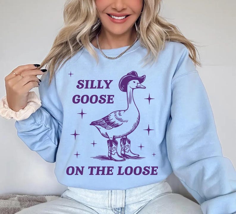May include: A light blue sweatshirt with a purple graphic of a goose wearing a cowboy hat and boots. The text "Silly Goose On The Loose" is printed on the sweatshirt.