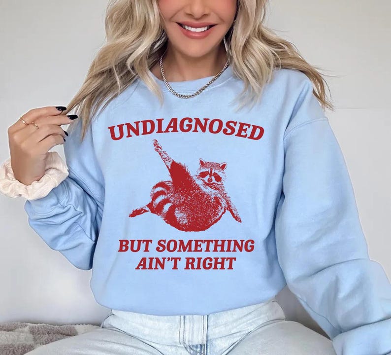May include: Light blue sweatshirt with a red graphic of a raccoon and the text "Undiagnosed but something ain't right".