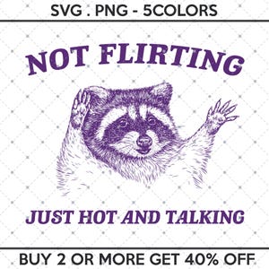 Może przedstawiać: Ilustracja w kolorze fioletowym i białym przedstawiająca szopa pracza z tekstem "NOT FLIRTING JUST HOT AND TALKING" i "BUY 2 OR MORE GET 40% OFF" pod obrazkiem.