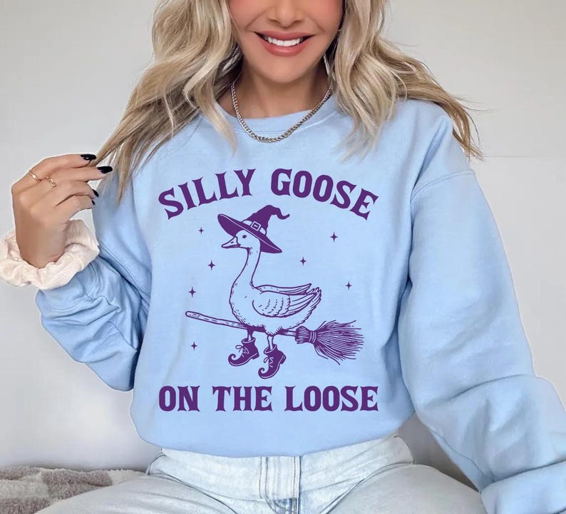 May include: Light blue sweatshirt with a purple graphic of a goose wearing a witch hat and boots, riding a broom. The text "SILLY GOOSE ON THE LOOSE" is above and below the goose illustration. The sweatshirt has long sleeves.