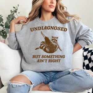 May include: A grey sweatshirt with the text "UNDIAGNOSED BUT SOMETHING AIN'T RIGHT" in brown letters. A cartoon raccoon is pictured in the middle of the text.