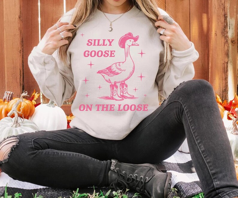 May include: A light gray sweatshirt with a pink graphic of a goose wearing a cowboy hat and boots. The text "Silly Goose On The Loose" is printed on the sweatshirt.