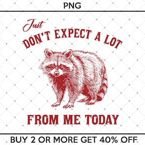 May include: Red and white graphic with a raccoon illustration and the text "Just Don't Expect A Lot From Me Today".  The text "Buy 2 or More Get 40% Off" is at the bottom of the graphic.