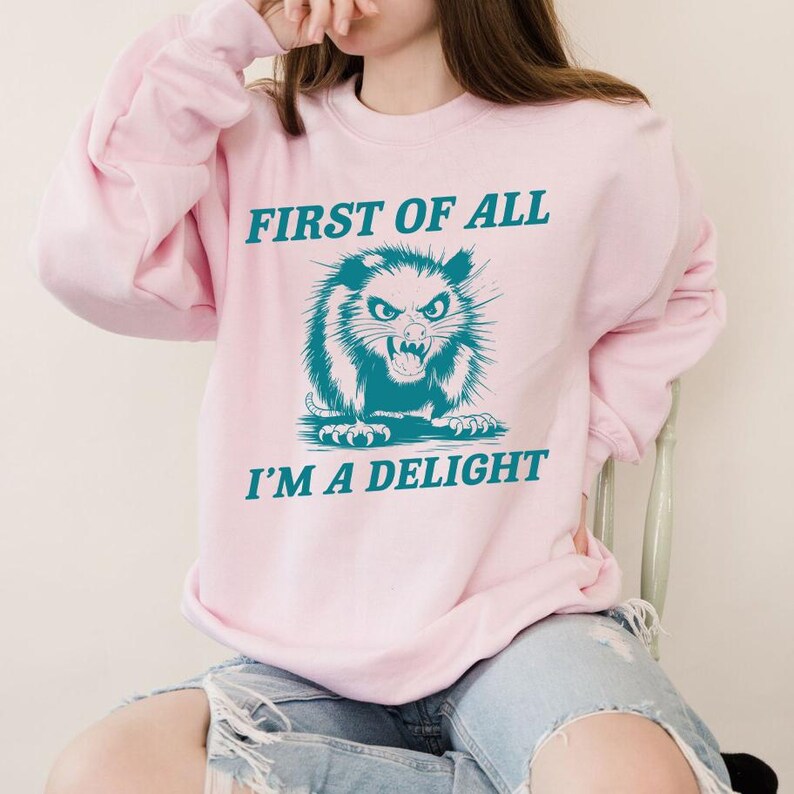 以下が含まれることがあります： 「First of all I'm a delight」というターコイズブルーの文字と、オポッサムのグラフィックがプリントされたピンク色のスウェットシャツです。