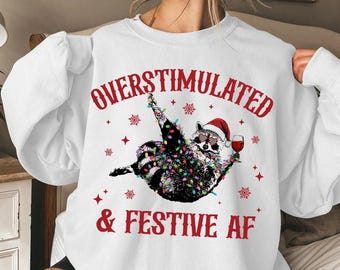 Overstimulated & Festive AF PNG, Raccoon Christmas, Espresso Martini Tangled Light Funny Weirdcore Meme Gift, Christmas Season Feral Raccoon