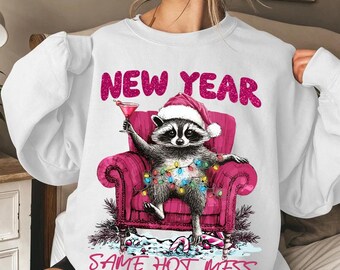 New Year Same Hot Mess 2025 Raccoon PNG, Funny Christmas Raccoon, Christmas Drink, Trendy Pink Christmas, Christmas Party, Trashy Christmas