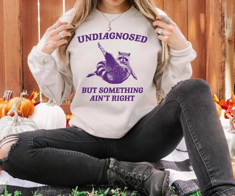 May include: A light grey sweatshirt with a purple raccoon graphic and the text "Undiagnosed but something ain't right".