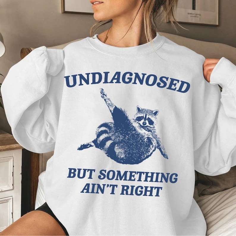 May include: White sweatshirt with blue text that reads "Undiagnosed but something ain't right". A cartoon raccoon is printed on the shirt.