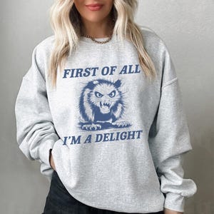 以下が含まれることがあります： グレーのトレーナーに、青いオポッサムのグラフィックと「First of all I'm a delight」というテキストがプリントされています。
