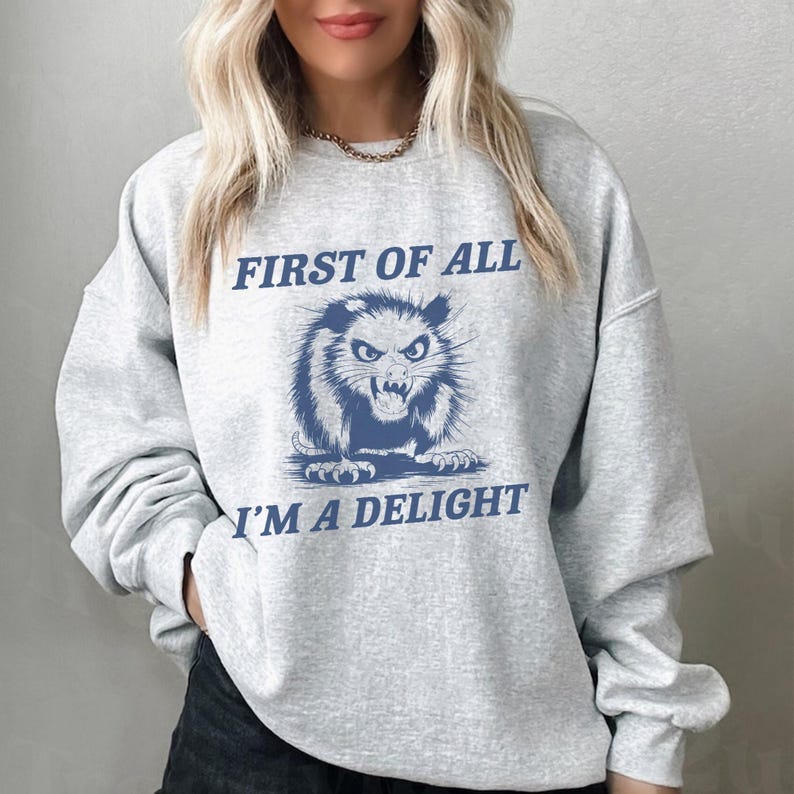 以下が含まれることがあります： グレーのトレーナーに、青いオポッサムのグラフィックと「First of all I'm a delight」というテキストがプリントされています。