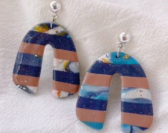 Blue Sky Stripe Earrings Lightweight Polymer Clay Earrings Silver Dangles