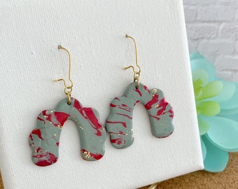 Red Polymer Clay Earrings, Gray Pattern Earring, Large Arches Earrings, Chandelier Earrings, Cute Earring gift, Statement earring gift