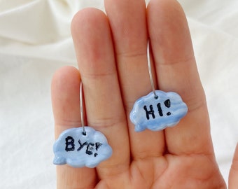 Hi Bye Speech Bubble Lightweight Polymer Clay Earrings Silver Hoop Dangles