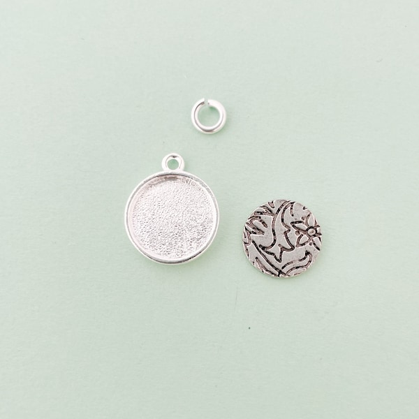 Silver Small Round Pendant Setting Frame Mounting 203ST Bezel for embroidery, Fabric Jewelry Making, DIY Charm