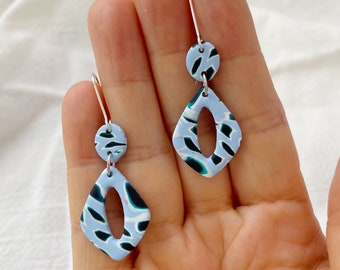 Blue Splatter Earrings Lightweight Polymer Clay Earrings Silver Dangles Elegant Black and Blue