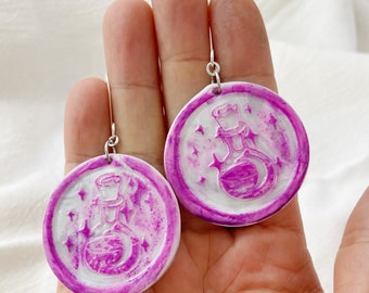Fushia Pink Magic Potion Lightweight Polymer Clay Earrings Long Large Silver Dangles Wax Stamp Seal