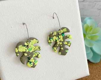 Green Monstera Leaf Earrings Pixelated Lightweight Polymer Clay Earrings Long Large Hoop Silver Dangles