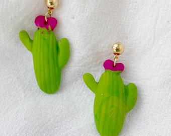 Green Cactus Polymer Clay Earrings Gold Dangles Pink Flower Gold Dangles Succulent