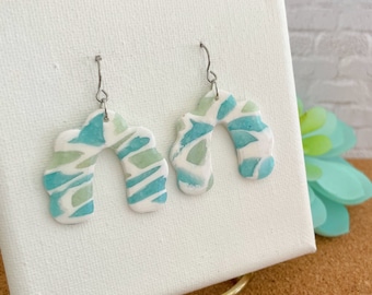 Stained Glass Earrings, Polymer Clay Earrings, Blue White Dangle, Gift for Friend, Blue Statement Earrings