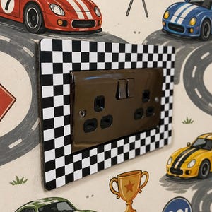 Personalised Double Socket Cover | Race Car Socket Surround | Checkered Flag Plug Socket Cover | Custom Colour Socket Frame