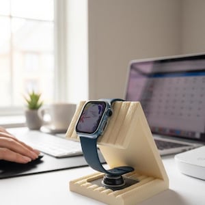 May include: A light blue smartwatch with a matching band rests on a beige wooden stand. The stand is angled and has a grooved design. A laptop and other office items are in the background.