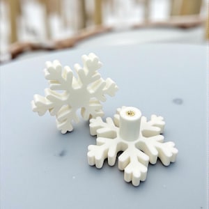 Può includere: Due pomelli bianchi a forma di fiocco di neve. Ogni pomello ha un perno centrale con un inserto a vite color oro. I pomelli sono realizzati in un materiale solido e opaco e sono progettati per mobili o decorazioni.